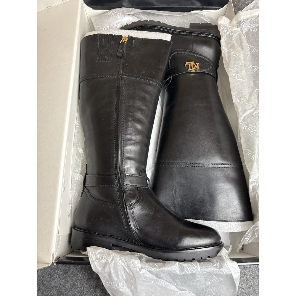 Lauren Ralph Lauren Everly Tall Boots Black Leather Gold Logo S1